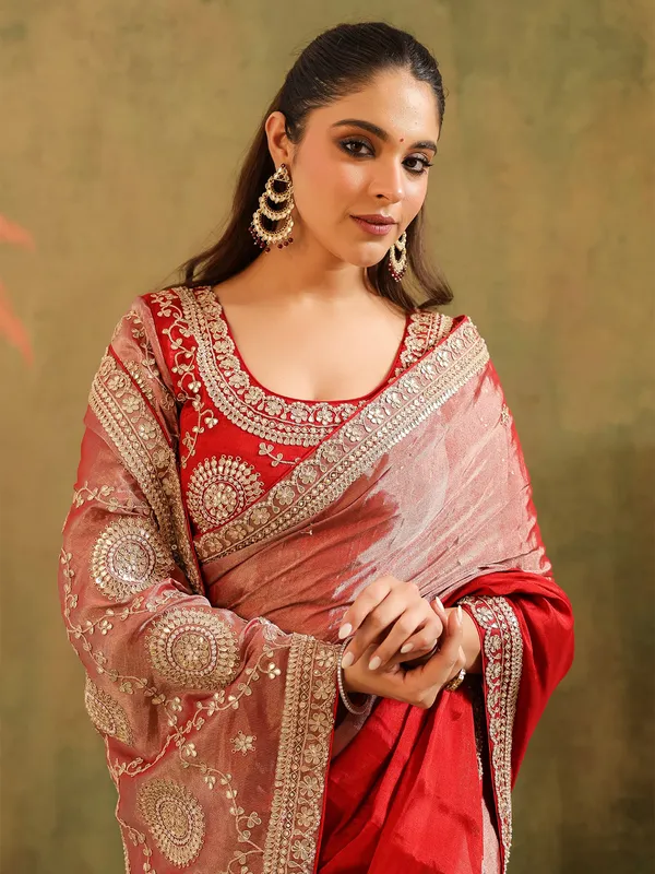 Pink red tissue silk saree for celebrations