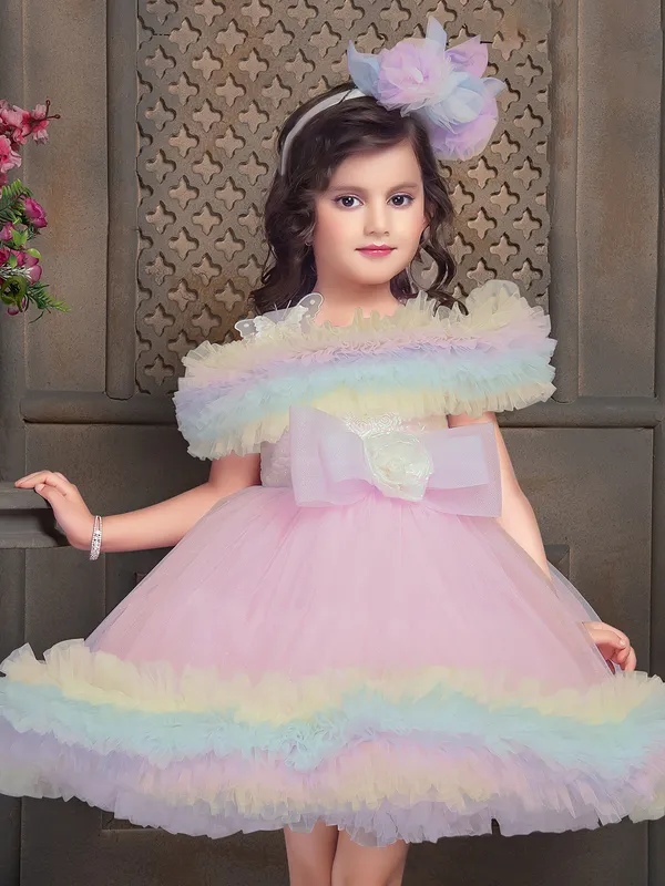 Pink ruffled net flare frock