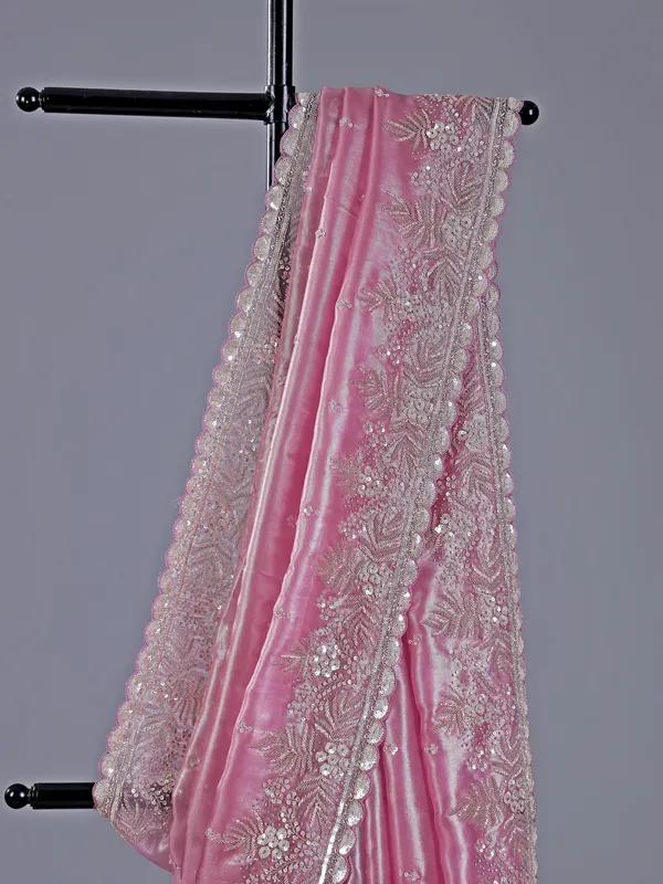 Pink saree for wedding in tissue silk
