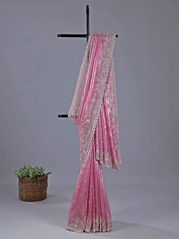 Pink saree for wedding in tissue silk