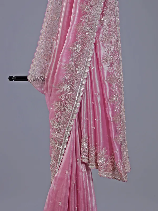 Pink saree for wedding in tissue silk