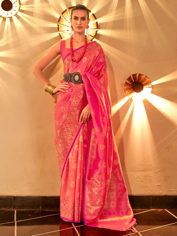 Pink saree with contrast border in silk