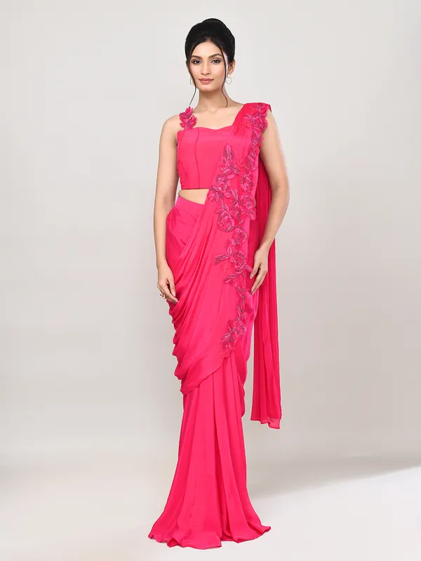 Pink satin silk designer ready to wear saree