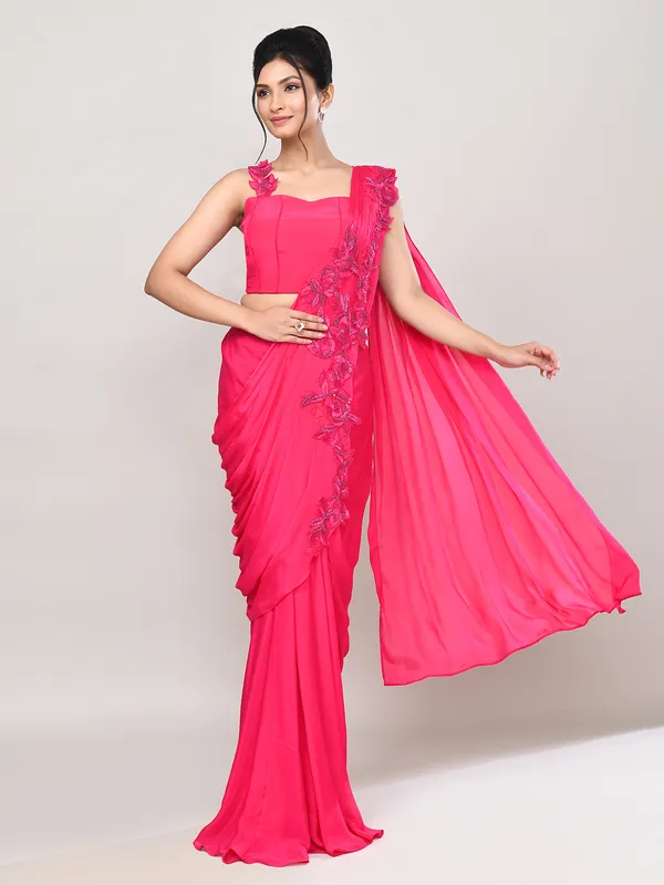 Pink satin silk designer ready to wear saree