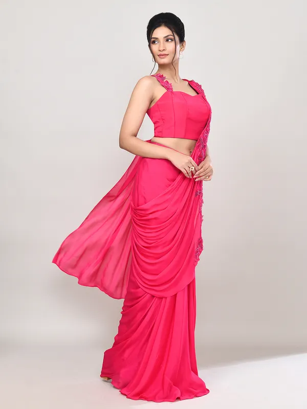 Pink satin silk designer ready to wear saree