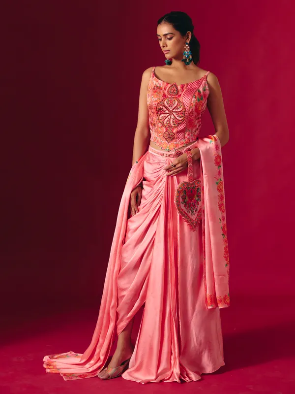 Pink satin silk indo western partywear suit