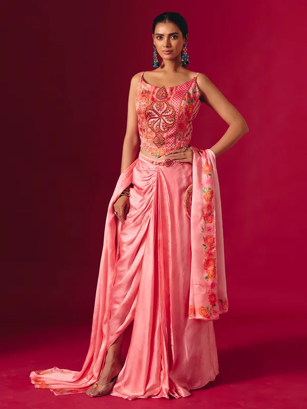 Pink satin silk indo western partywear suit
