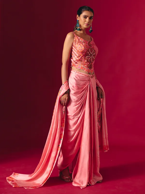 Pink satin silk indo western partywear suit