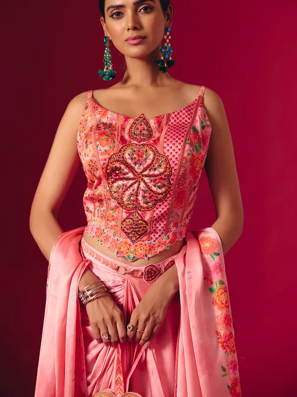 Pink satin silk indo western partywear suit