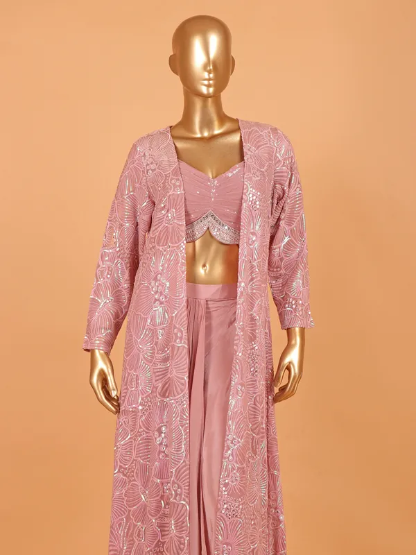 Pink satin silk indowestern suit for partywear