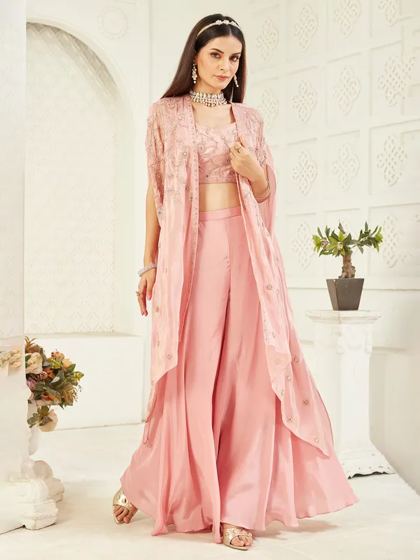 Pink satin silk jacket palazzo suit with beads and mirror