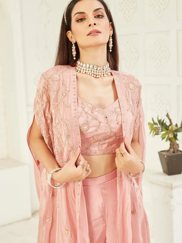 Pink satin silk jacket palazzo suit with beads and mirror