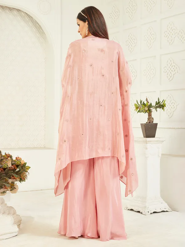 Pink satin silk jacket palazzo suit with beads and mirror