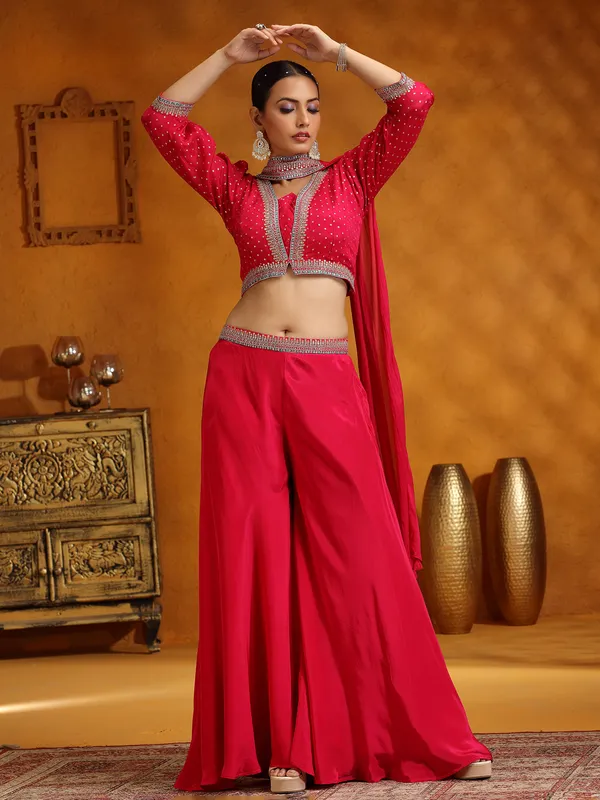 Pink satin silk palazzo suit with dupatta