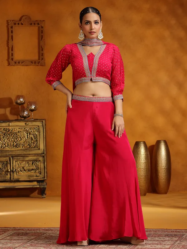 Pink satin silk palazzo suit with dupatta
