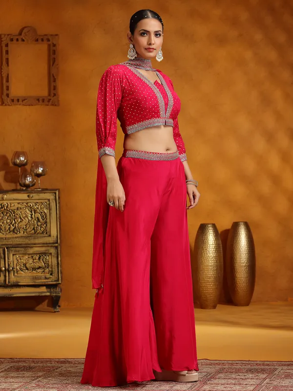 Pink satin silk palazzo suit with dupatta