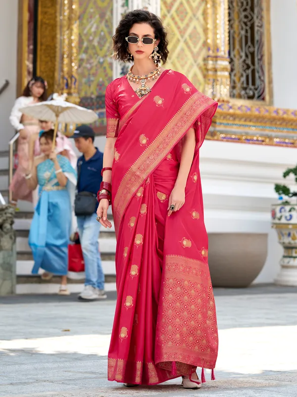 Pink satin silk saree with classic zari weaving