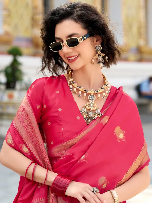 Pink satin silk saree with classic zari weaving