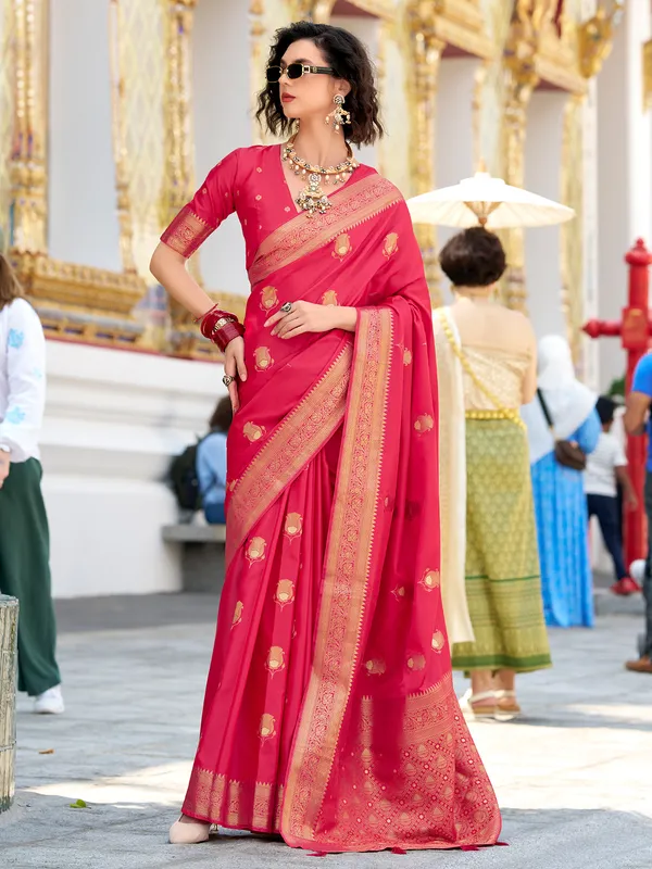 Pink satin silk saree with classic zari weaving