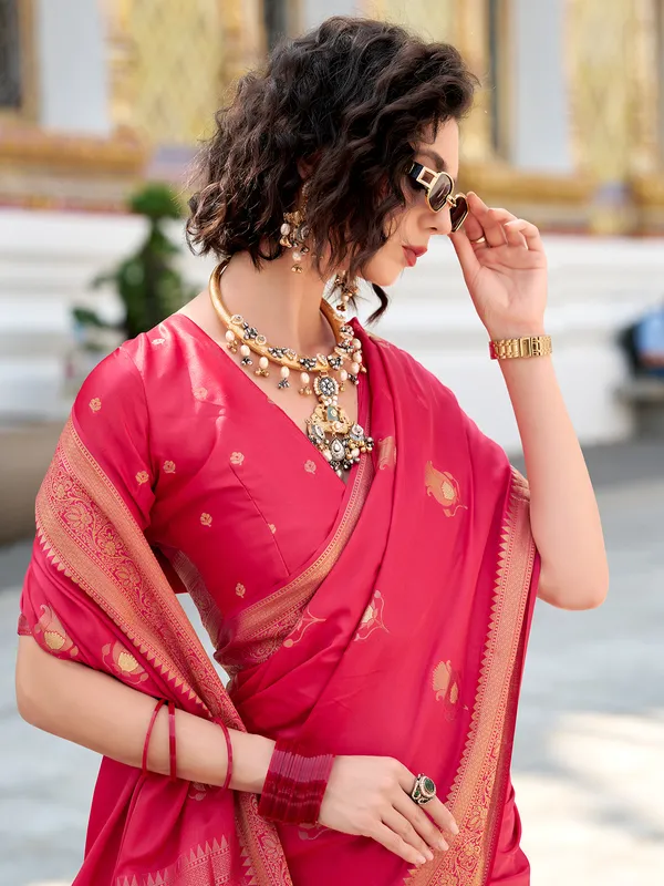 Pink satin silk saree with classic zari weaving