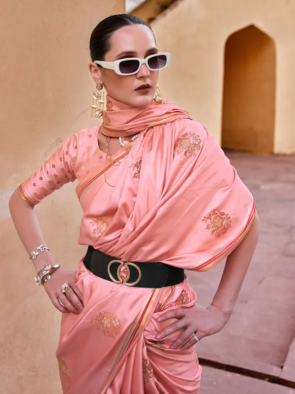 Pink satin silk saree with gleam