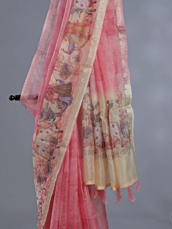 Pink semi cotton festival wear saree