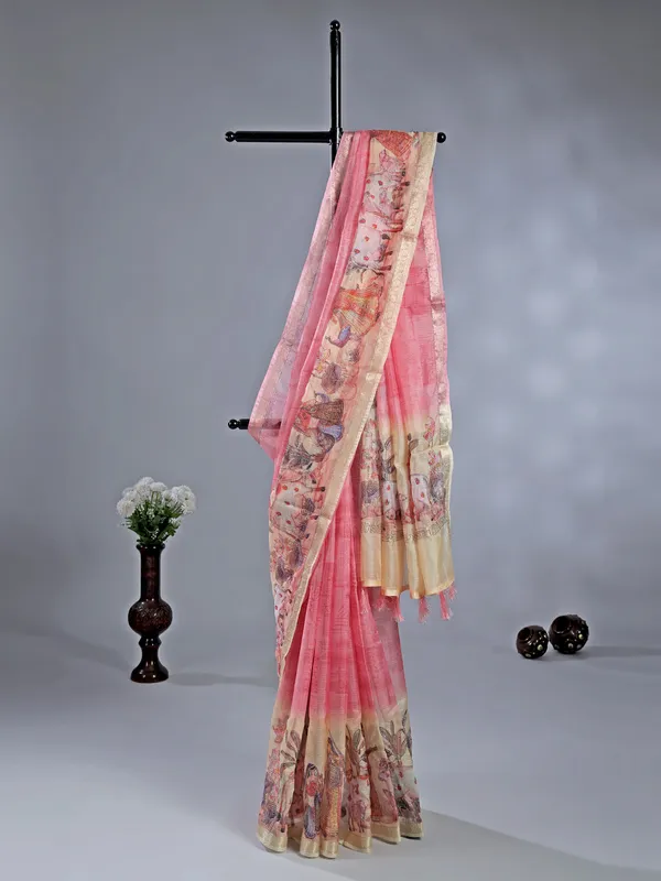 Pink semi cotton festival wear saree