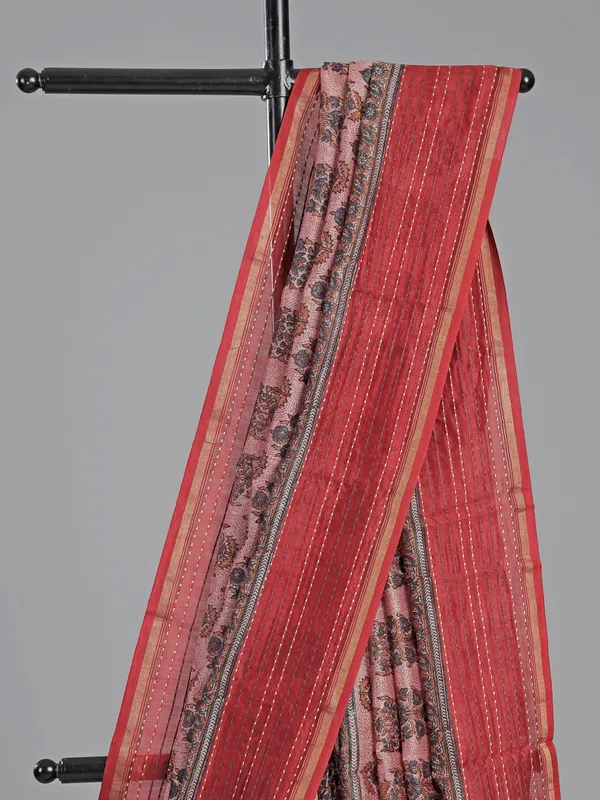 Pink semi cotton printed saree with thread work