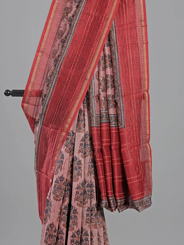 Pink semi cotton printed saree with thread work