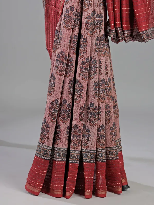Pink semi cotton printed saree with thread work