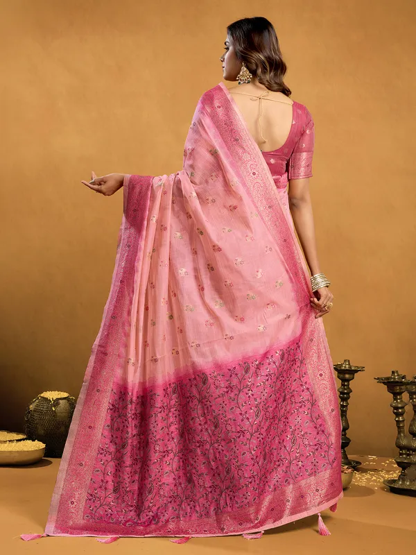 Pink semi cotton saree for wedding and festive