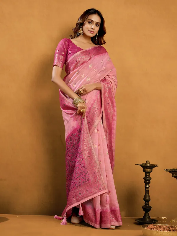 Pink semi cotton saree for wedding and festive