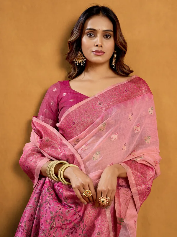 Pink semi cotton saree for wedding and festive
