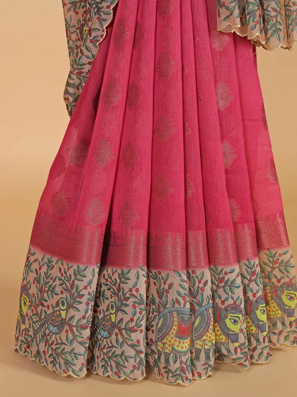 Pink semi cotton silk zari weaving saree