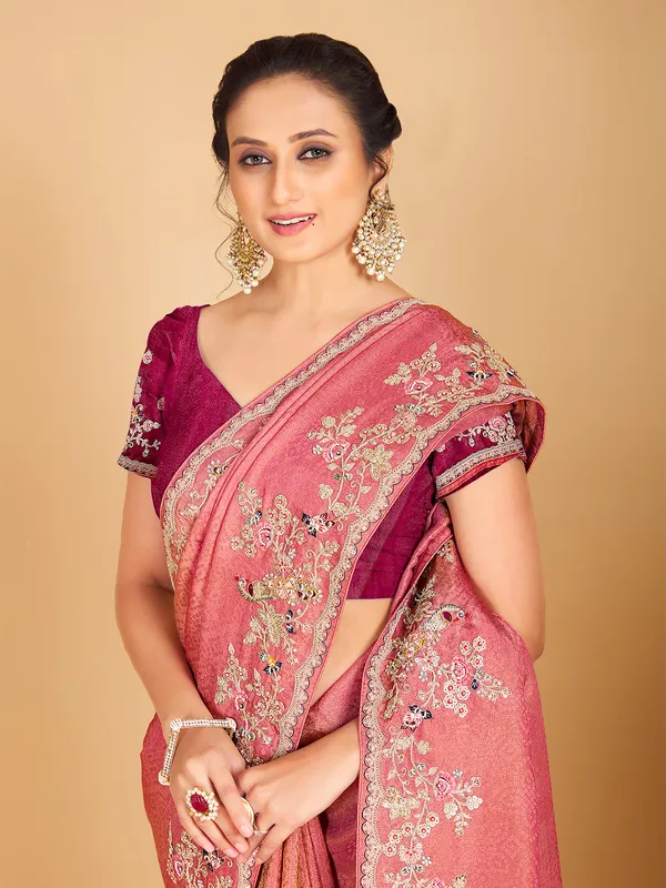 Pink shaded rich silk wedding saree