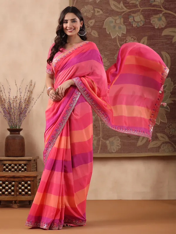 Pink shaded stripe muslin saree