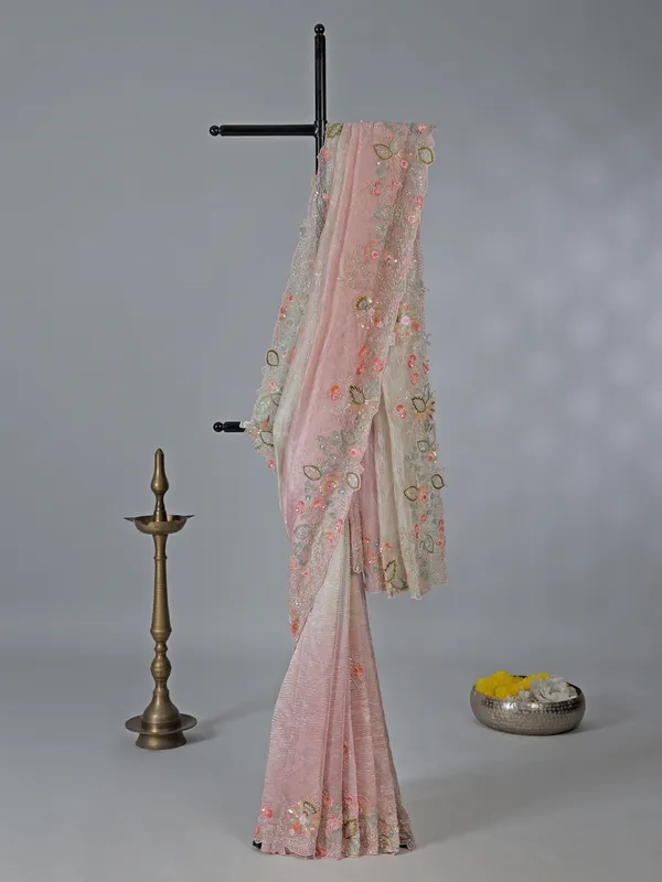 Pink shaded tissue silk saree with thread detailing