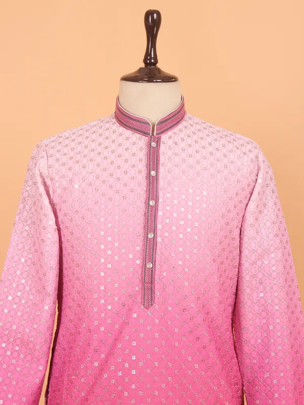 Pink sherbet embroiderded kurta set for men