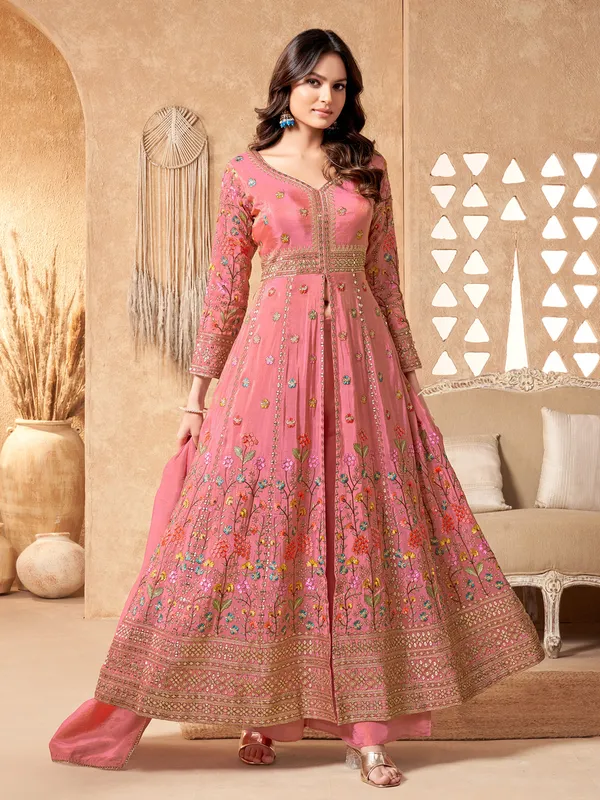 Pink silk anarkali palazzo suit with dupatta