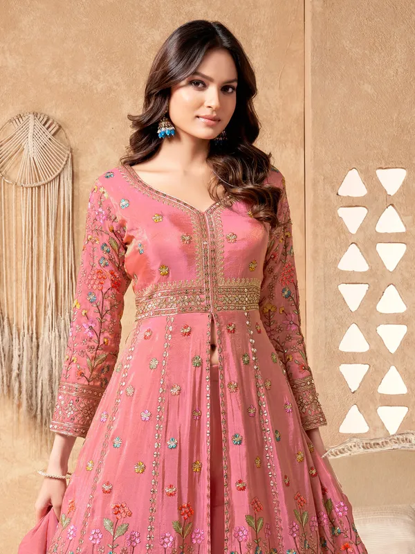 Pink silk anarkali palazzo suit with dupatta