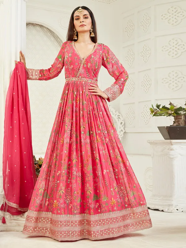 Pink silk anarkali suit with dupatta for wedding