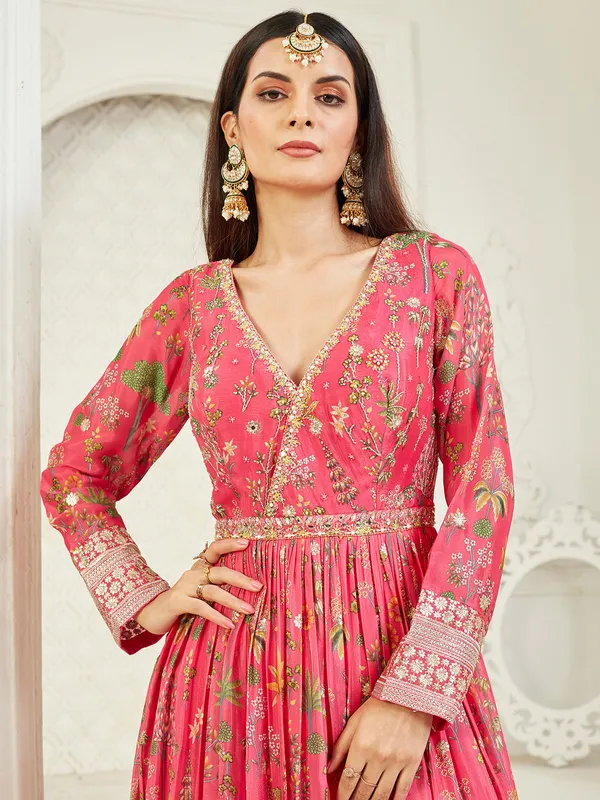 Pink silk anarkali suit with dupatta for wedding