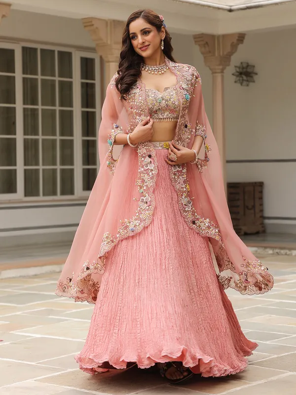 Pink silk and organza lehenga choli for wedding