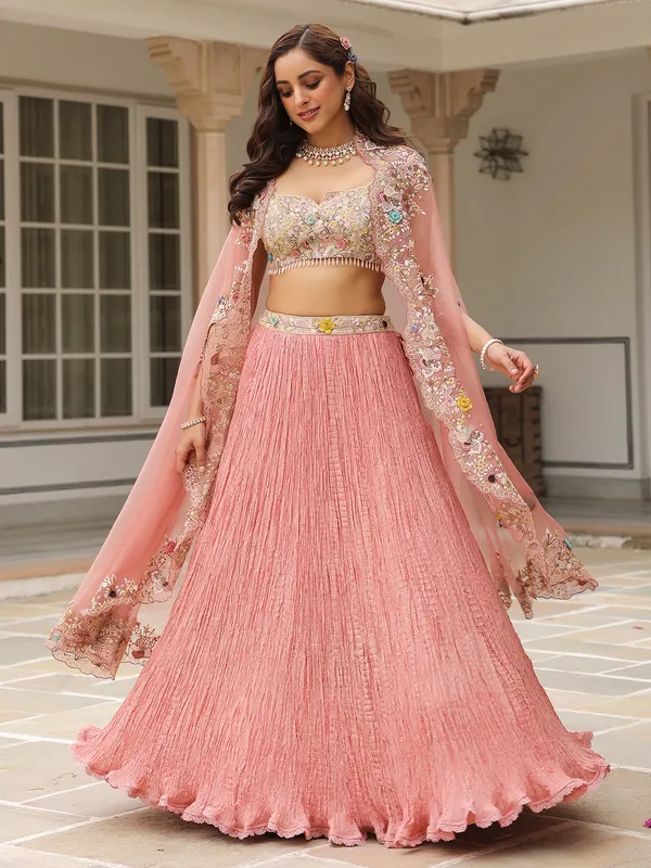 Pink silk and organza lehenga choli for wedding