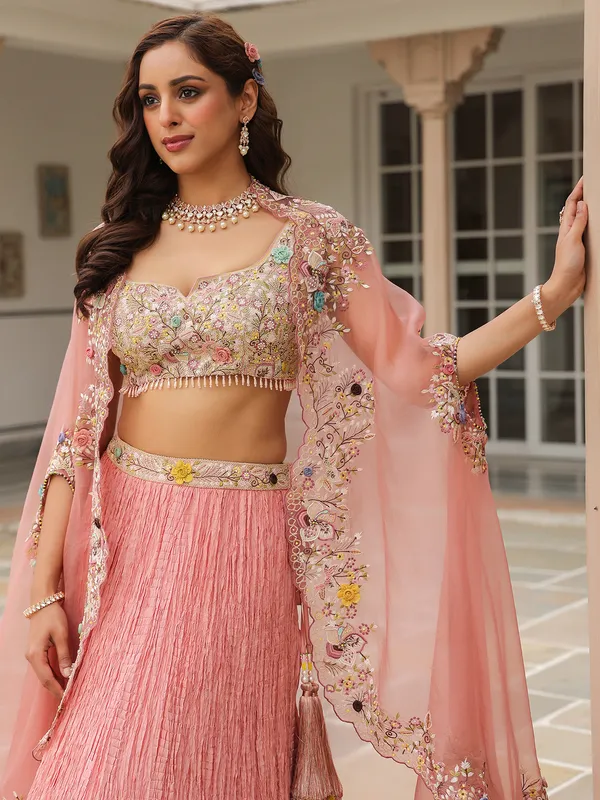 Pink silk and organza lehenga choli for wedding