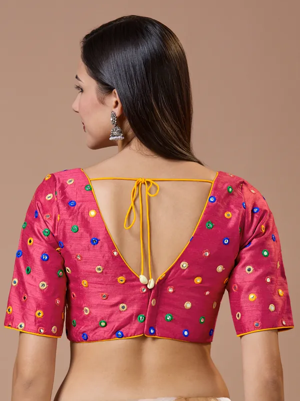 Pink silk blouse with aabla work