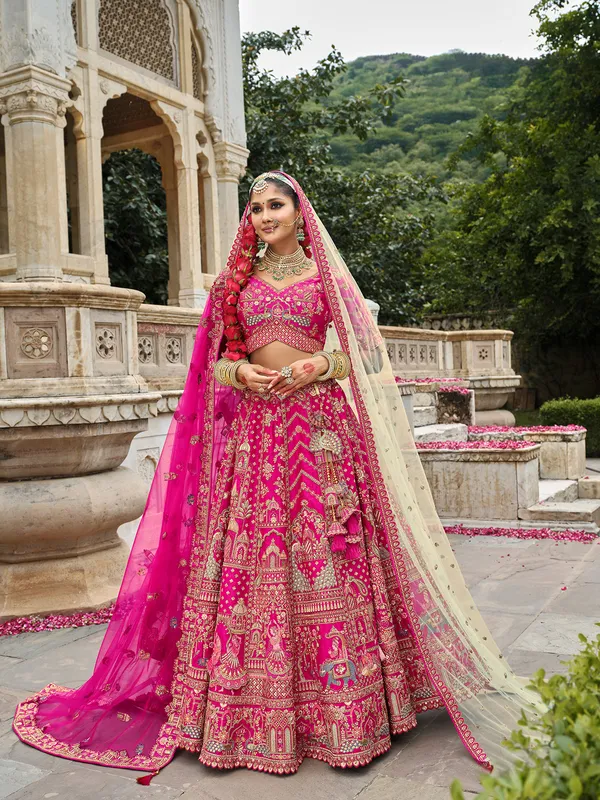 Pink silk bridal lehenga choli with resham and sequins work