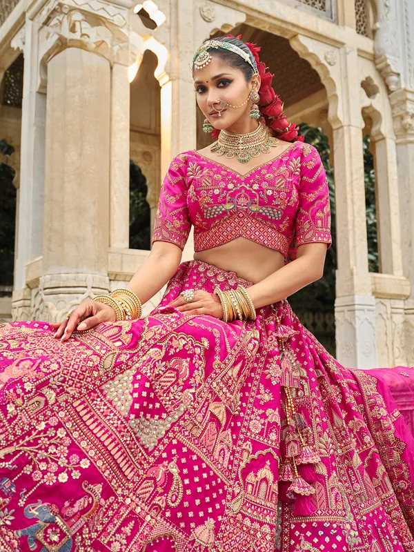 Pink silk bridal lehenga choli with resham and sequins work