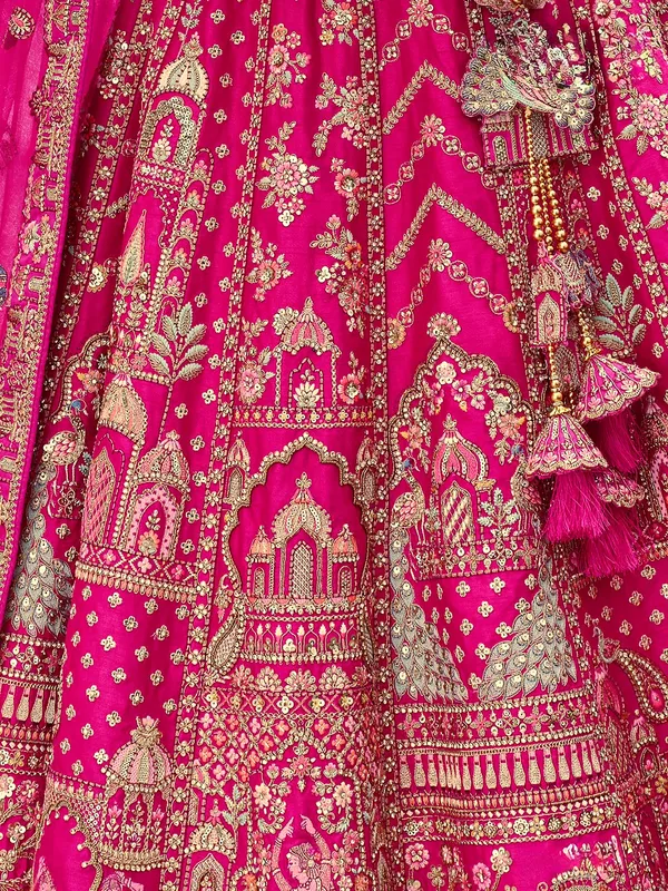 Pink silk bridal lehenga choli with resham and sequins work