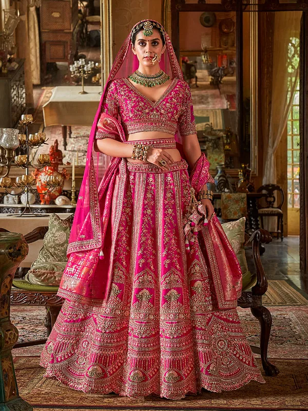 Pink silk bridal lehenga choli with resham embroidery